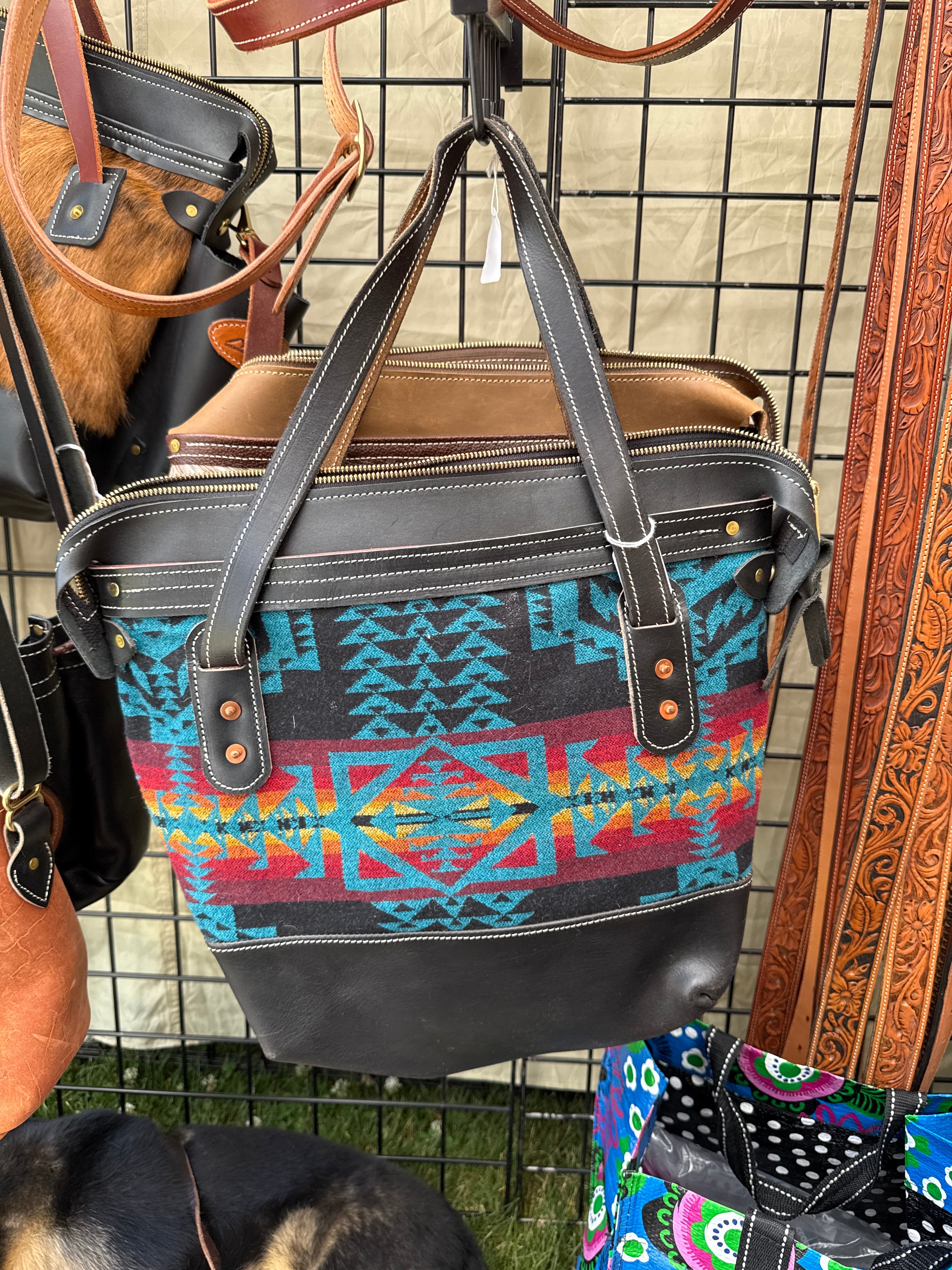 Leather and wool tote bag