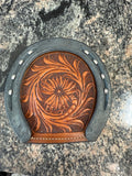 Floral tooled horseshoe beverage coaster